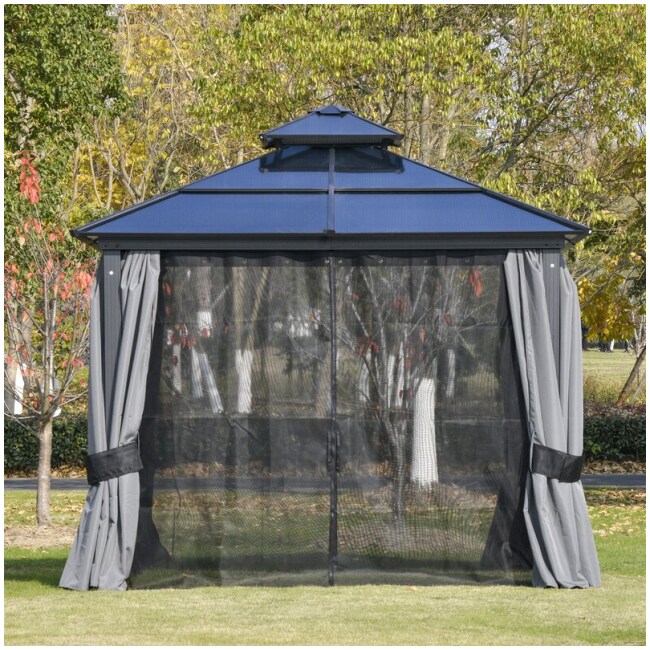 10' X 10' Polycarbonate Hardtop Patio Gazebo Canopy With Double-Tier Roof, Stable Steel Frame, & Net Sidewalls - Image 2