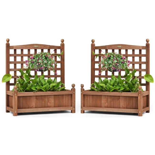 Set of 2 Wood Planter Free Standing Plant Raised Bed with Trellis