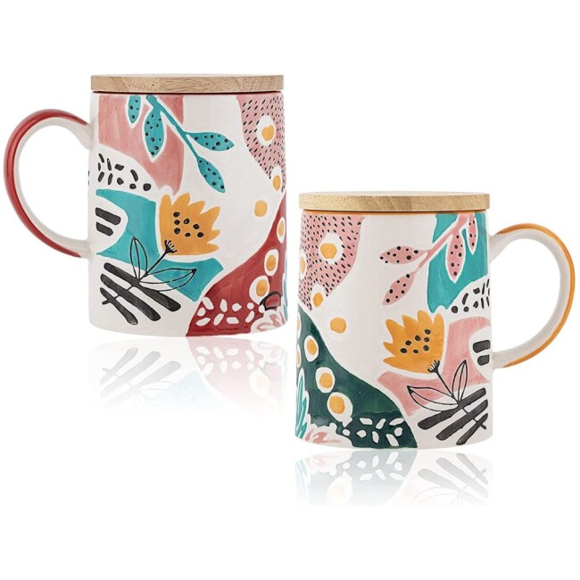 Ceramic Coffee Mug with lid, 17.6-oz Large Couple Coffee Mug Cup Set of 2 Handpainted Floral Pattern Tea Mug