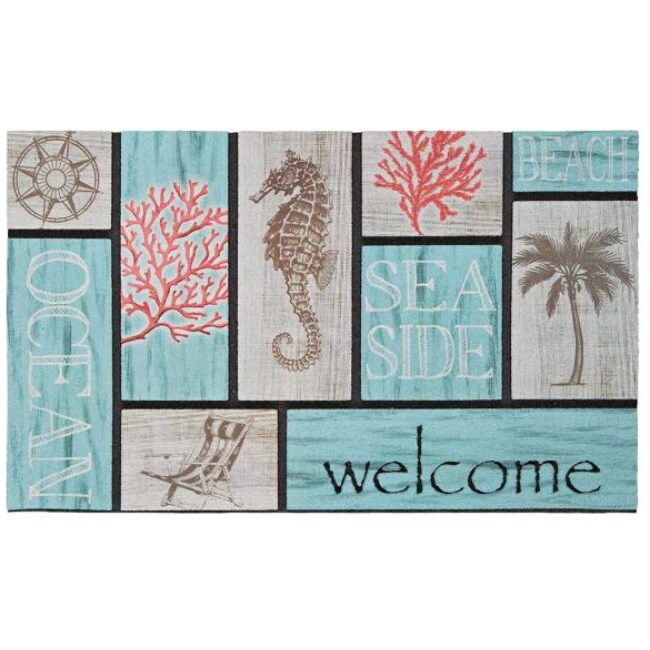 Addison Welcome Coral Azul 18 in. x 30 in. Recycled Rubber Door Mat