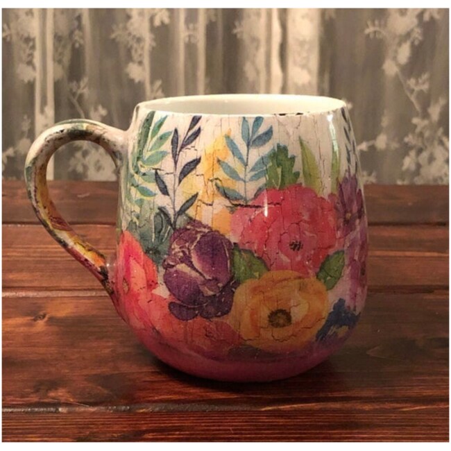 Beautiful bright floral and hand painted crackle 15 oz Coffee Mug