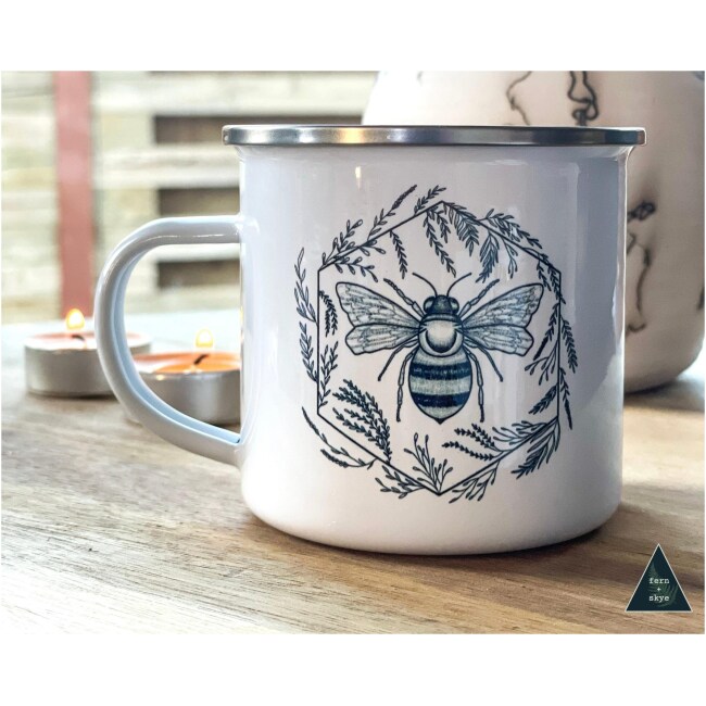 Botanical Bee Camper Mug | Bee Hive Hexagon Mug | Bee Floral Coffee Mug | Flower Wreath Line Art Mug | Nature Lover Gift | 12 oz. enamel mug