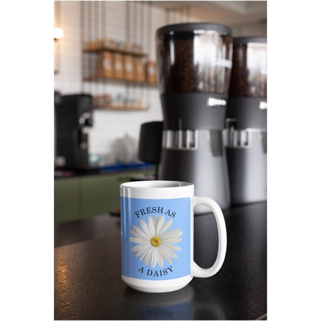 Fresh As A Daisy Floral Coffee Mug, a beautiful white daisy on a blue background really sets it off, and we all want to be fresh as a daisy.