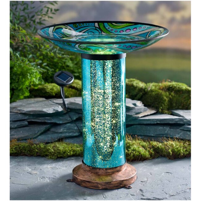 Glass Fish Motif Birdbath with Solar Lighted Mercury Glass Stand