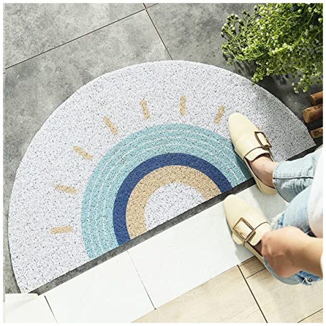 HelloTree Creative Semi-Circular Area Rug Anti Slip Door Mat Rainbow Sun Printing Floor Mats Bedroom Carpet Rugs Entrance Doormat - Sun, 17.7"x35.4"