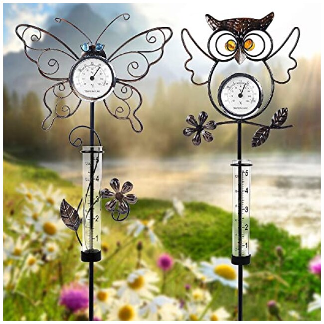 31.5 Inch Rain Gauge with Thermometer, Butterfly & Owl Garden Stakes Decor, Waterproof Rustproof Metal Yard Art Outdoor Lawn Pathway Patio...