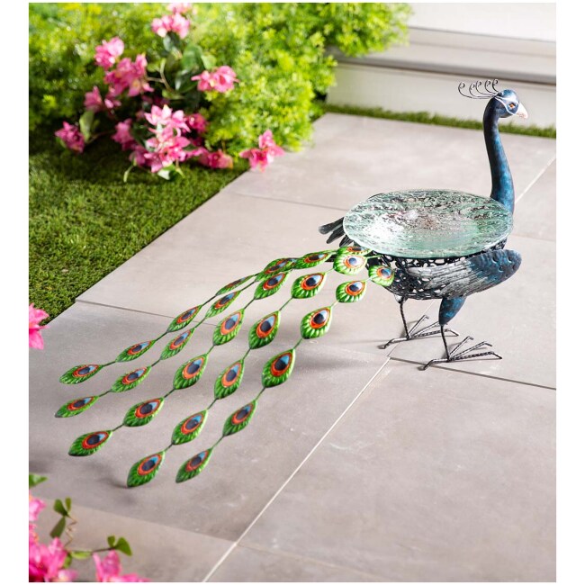 Vibrant Metal Peacock Birdbath with Glass Bowl