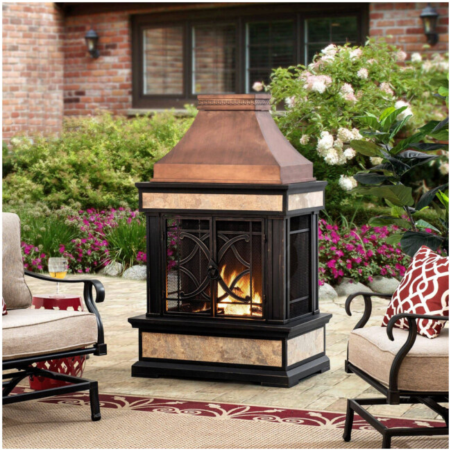 Sunjoy 57 in. Copper Steel Wood Burning Fireplace with Fire Poker - Image 2