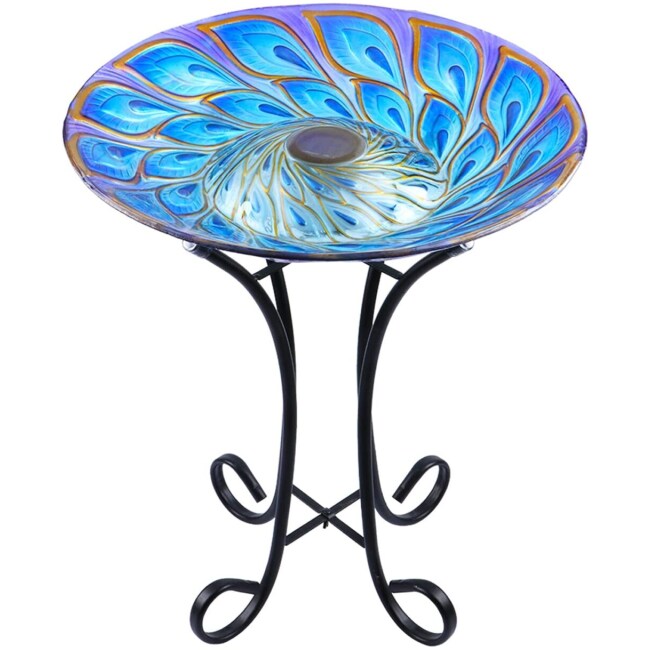 Outdoor Glass Bird Bath Solar Birdbaths with Metal Stand for Lawn Yard Garden Peacock Decor