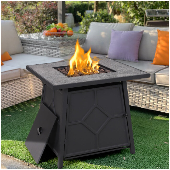 PHI VILLA 28 inch, 40,000 BTU Square Outdoor TerraFab Propane Fire Pit Table with Lid, Lava Rocks, Touch-up Pen and PVC Cover