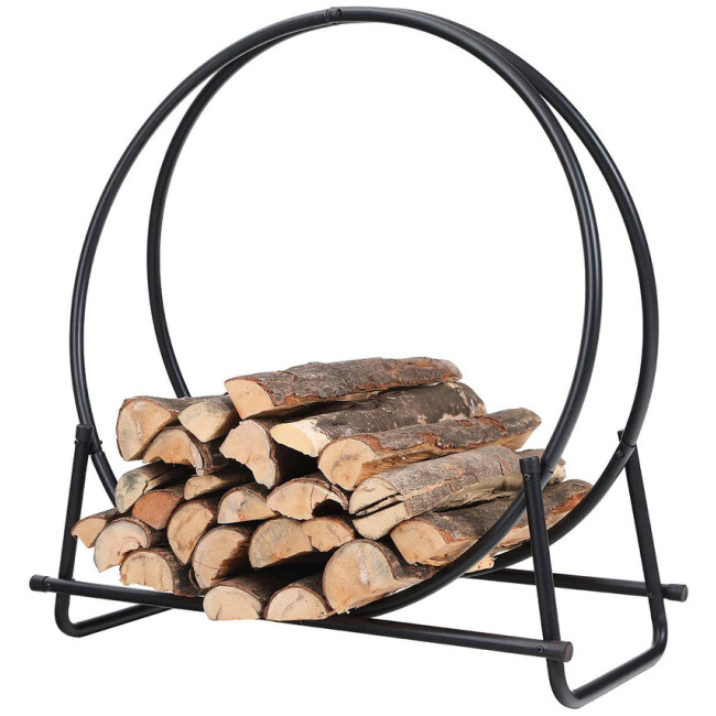 PHI VILLA 30 Inch Log Hoop Firewood Rack Fireplace Wood Storage Holder, Indoor/Outdoor Heavy Duty Iron Black