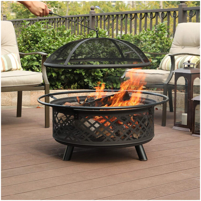 PHI VILLA 32" Fire Pit Large Steel Patio Fireplace Cutouts Pattern with Mesh Spark Screen Cover Log Grate Fire Poker