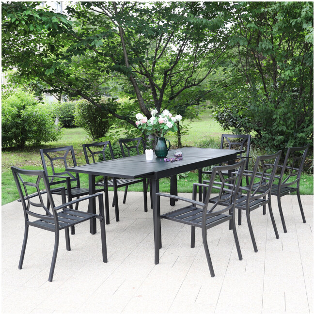 PHI VILLA Adjustable Steel Table and Stackable Chairs Metal Outdoor Patio Dining Sets