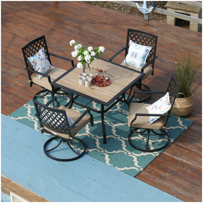 PHI VILLA Wood-look Table and 4 Pattern Swivel Chairs with Cushion 5-Piece Metal Outdoor Patio Dining Set