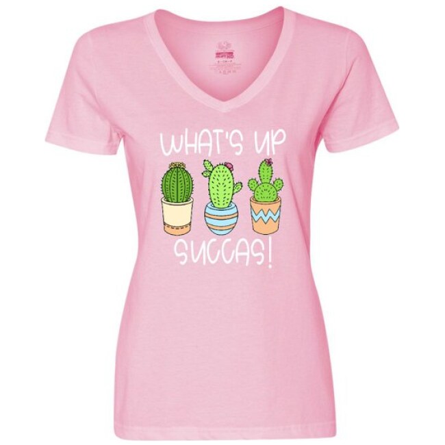 Inktastic What's Up Succas Funny Cacti Plants Women's V-Neck T-Shirt