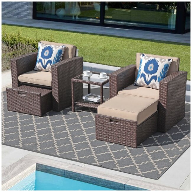 JOIVI 5 Pieces Patio Furniture Set, Outdoor Brown PE Rattan Wicker Patio Conversation Set, Lounge Chairs with Cushioned Ottoman and Tempered Glass Side Table