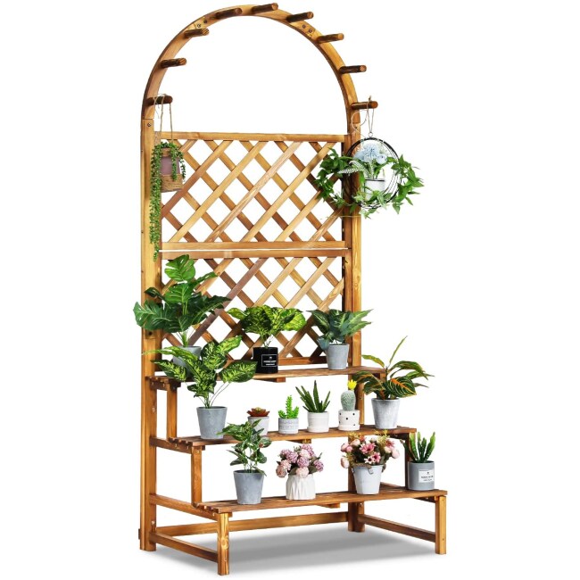 MoNiBloom 3 Tier Wooden Garden Plant Stand with Arch, Large Display Shelf with Lattice Trellis and Hooks for Flowers, Vegetables, Climbing Plants - 77.6" H