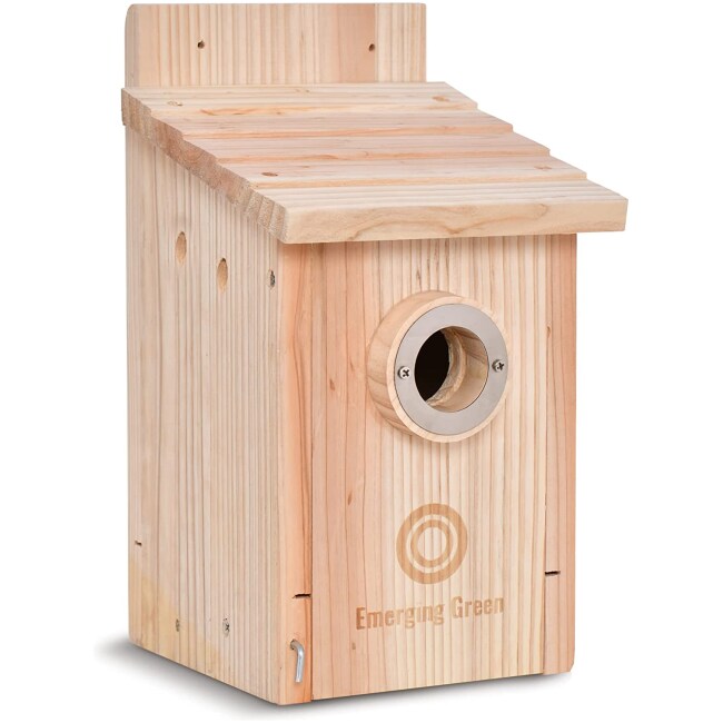 Emerging Green – Wooden Bird House, Durable Bird Houses for Outdoors, Tree Swallow, Finch, Chickadee and Bluebird Houses, Easy-to-Open Nesting Box, Fig Wood, Brown