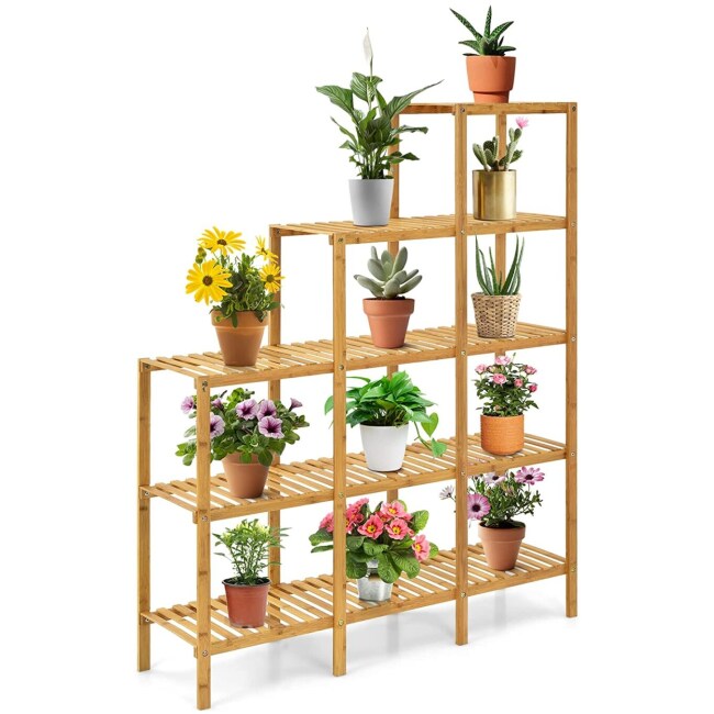 COSTWAY Bamboo Shelf Bathroom, Multifunctional 5-Tier Bamboo Plant Stand, Storage Organizer Rack, Plant Display Stand with Several Storage Cabinet