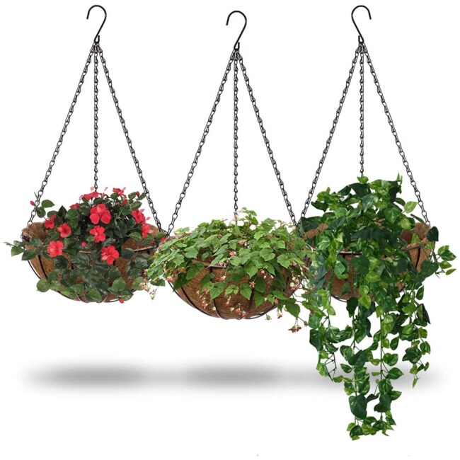 Emerging Green – Hanging Baskets for Plants, Outdoor and Indoor Hanging Planters with Coco Liners, Rust-Resistant Metal Hanging Baskets with Detachable Chains and Hooks, Set of 3