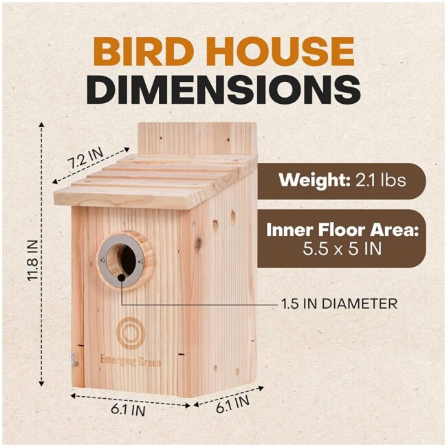 Emerging Green – Wooden Bird House, Durable Bird Houses for Outdoors, Tree Swallow, Finch, Chickadee and Bluebird Houses, Easy-to-Open Nesting Box, Fig Wood, Brown - Image 3