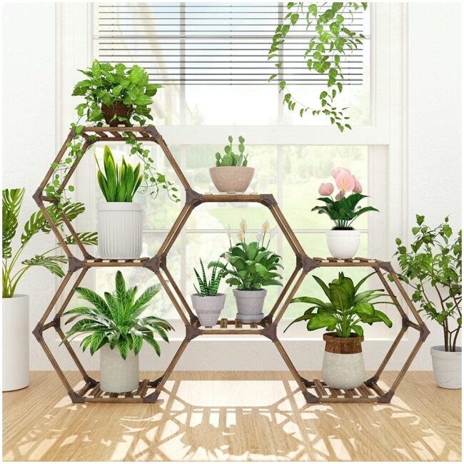 Tikea Hexagonal Plant Stand Indoor Outdoor, 7 Tiers Large Wooden Sturdy Creative DIY Plant Shelf Holder Rack for Window, Corner, Living Room, Balcony, Garden, Office