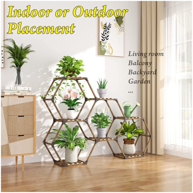 Tikea Hexagonal Plant Stand Indoor Outdoor, 7 Tiers Large Wooden Sturdy Creative DIY Plant Shelf Holder Rack for Window, Corner, Living Room, Balcony, Garden, Office - Image 2