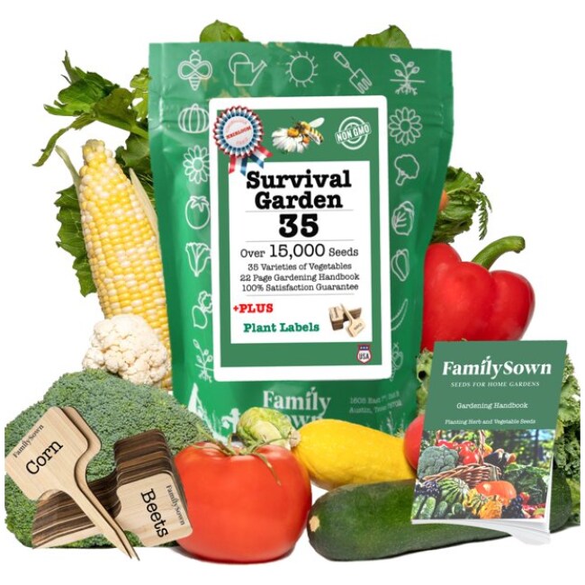 Survival Seeds by Family Sown – 15,000 Non GMO Heirloom Seeds, Naturally Grown Herb Seeds & Seeds for Planting Vegetables and Fruits, Perfect Vegetable Garden Seed Starter Kit with Plant Markers