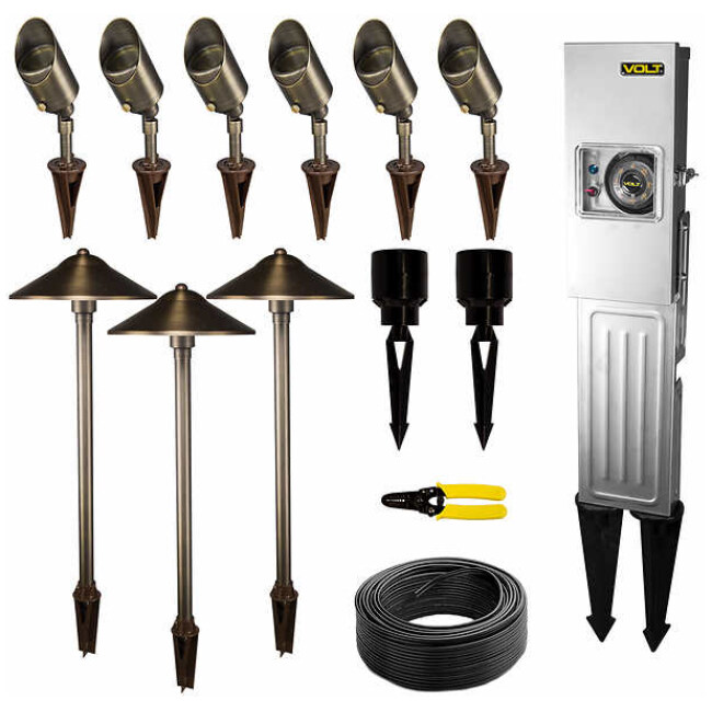 VOLT Landscape Lighting 9-piece Path & Area Light Brass LED Starter Kit