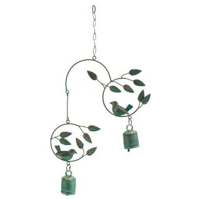 Wind & Weather Metal Birds and Bells Wind Chime with Green Over Gold Patina-Like Finish