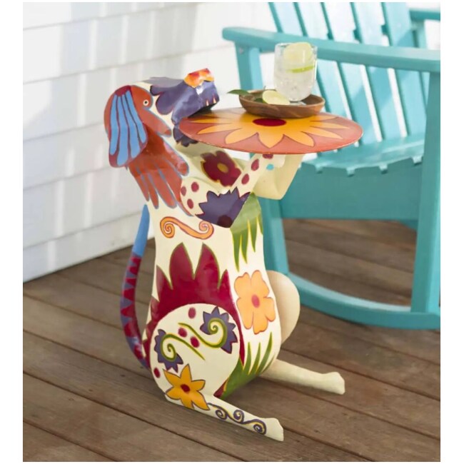 Handmade Colorful Painted Folk Art Metal Dog Side Table