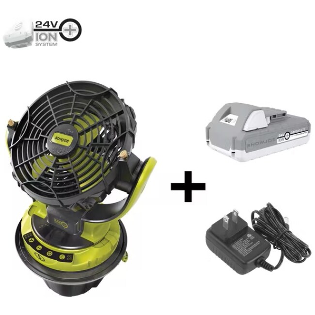 Sun Joe 24V-MSTFAN-LTE 24-Volt iON+ Cordless Indoor/Outdoor Misting Fan Kit | 60 sq ft Coverage | W/ 2.0-Ah Battery, Charger, and 6 Gallon Portable Bucket