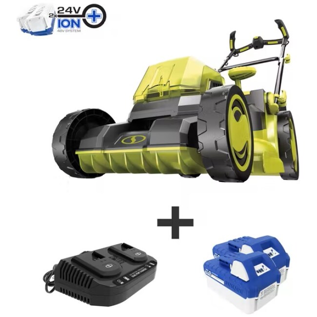 Sun Joe 24V-X2-16LM 48-Volt iON+ Cordless Brushless Lawn Mower Kit | W/ 4.0-Ah Battery + Dual Port Charger & 12-Gallon Collection Bag | 16-Inch | Comfort Grip | One Touch 6-Position Height Adjustment