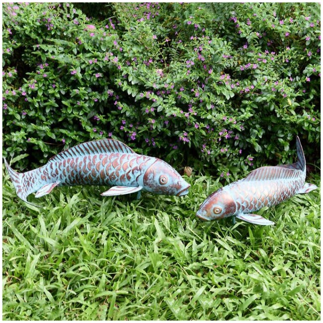 Verdigris Metal Fish Statue 2-Pack