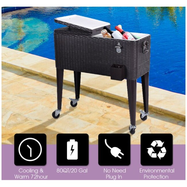 Costway Outdoor Rattan 80QT Party Portable Rolling Cooler Cart Ice Beer Beverage Chest