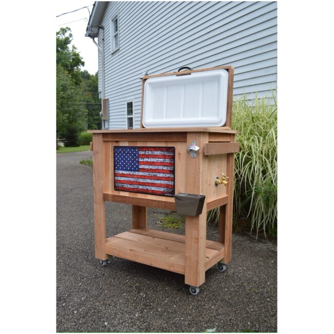 American Pride Rustic Ice Chest Cooler Stand with Brass Drain, Bottle Opener, and Bottle Cap Catcher, beer cooler, retirement gift, cedar