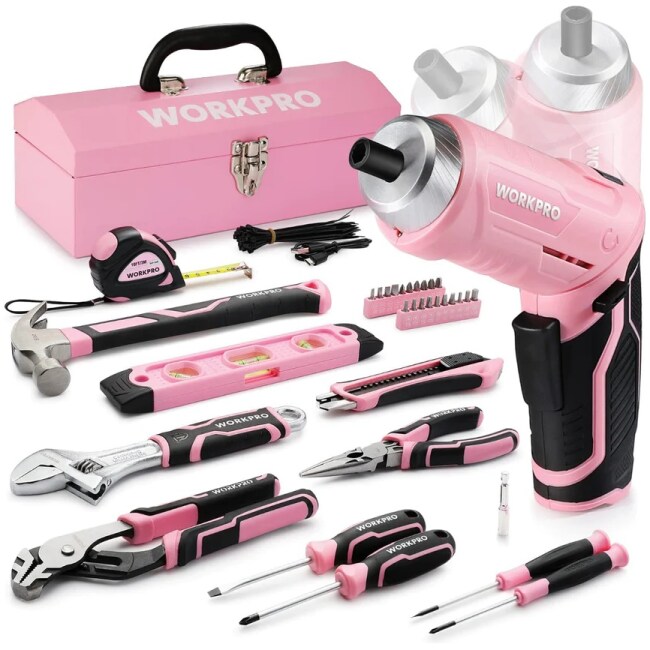 WORKPRO 75 Pcs Pink Tools Set, 3.7V Rotatable Cordless Screwdriver, and Household Tool Kit