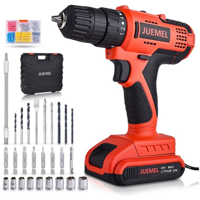 Juemel 20V Cordless Drill Driver with 100Pcs Accessories, Electric Power Drill Set - Variable Speed Trigger, 3/8'' Keyless Chuck and 2000mAh Lithium-Ion Battery