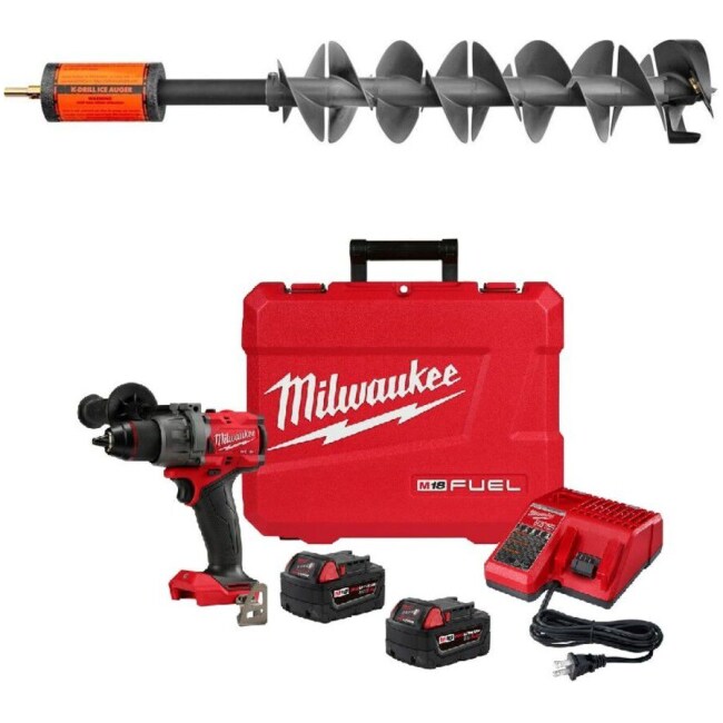 K-Drill 7.5" Ice Auger with Milwaukee M18 FUEL 1/2" Drill/Driver Kit Bundle