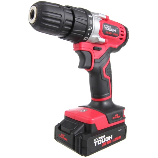 Hyper Tough 20V Max Lithium-ion Cordless Drill, 3/8 inch Chuck, Variable Speed, with 1.5Ah Lithium-ion Battery and Charger, Bit Holder & LED Light